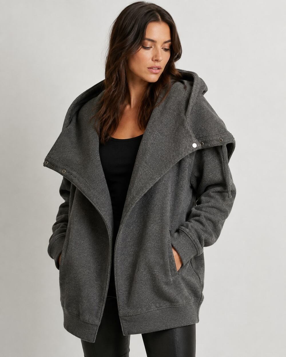 AllSaints Brooke Sweat M Gray Draped Cowl Hood Open Front Jacket